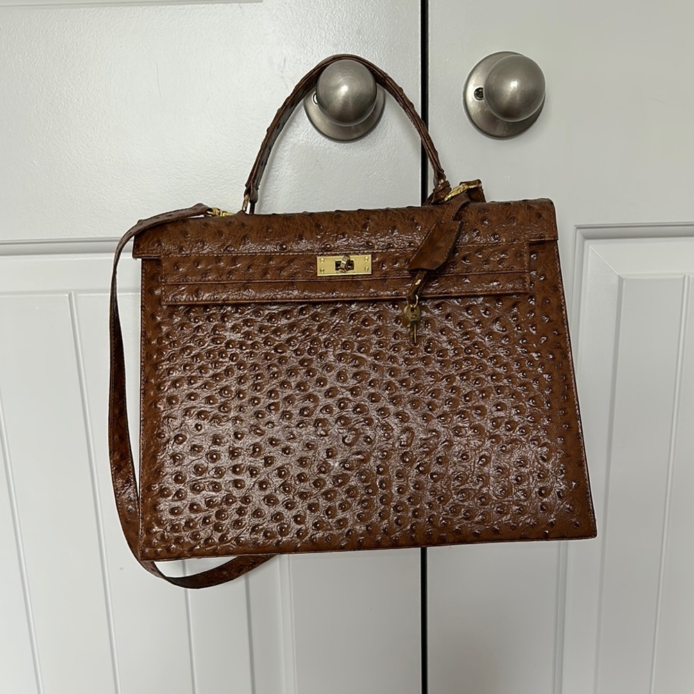 Rich Brown Satchel with Pebbled Leather and Gold Accents